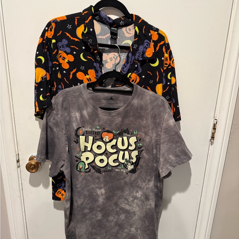 Disney Halloween Mickey Mouse Pumpkins Woven Button-Up and hocus pocus shirt.